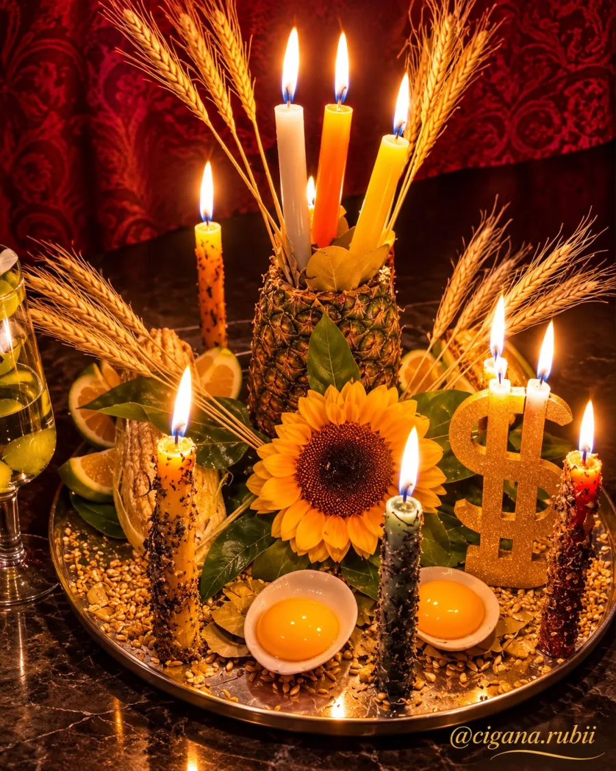 Coroa do sucesso: abacaxi com trigo, velas, girassol e cifrão dourado sobre uma bandeja