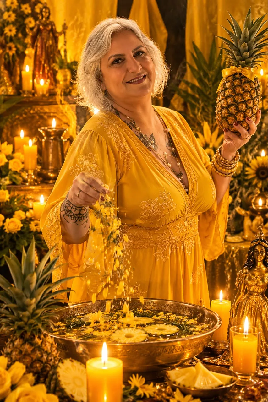 Denise de amarelo com abacaxi e ervas num altar de prosperidade iluminado por velas